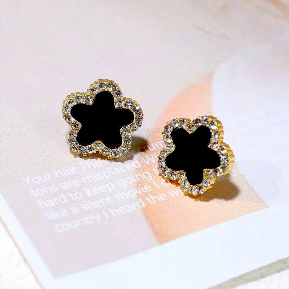 Cubic Zirconia Black Flower Stud Earrings, Flower Earrings